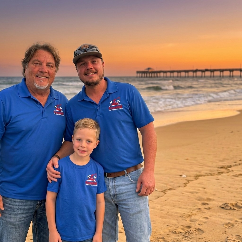 Owner of Coastal Roofing and Construction with his son and grandson at sunset on the Texas coast