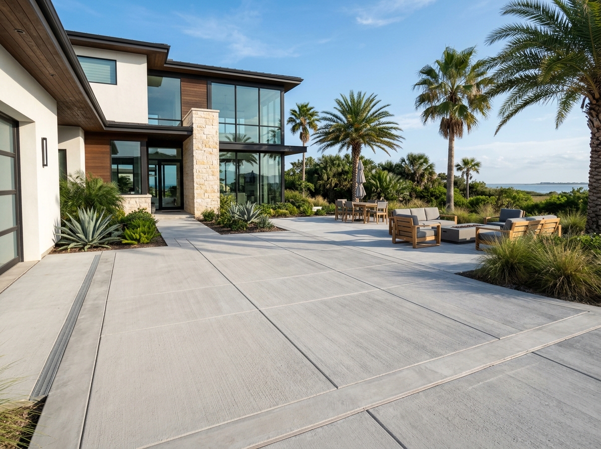 Smooth concrete driveway and patio flatwork completed in coastal Texas