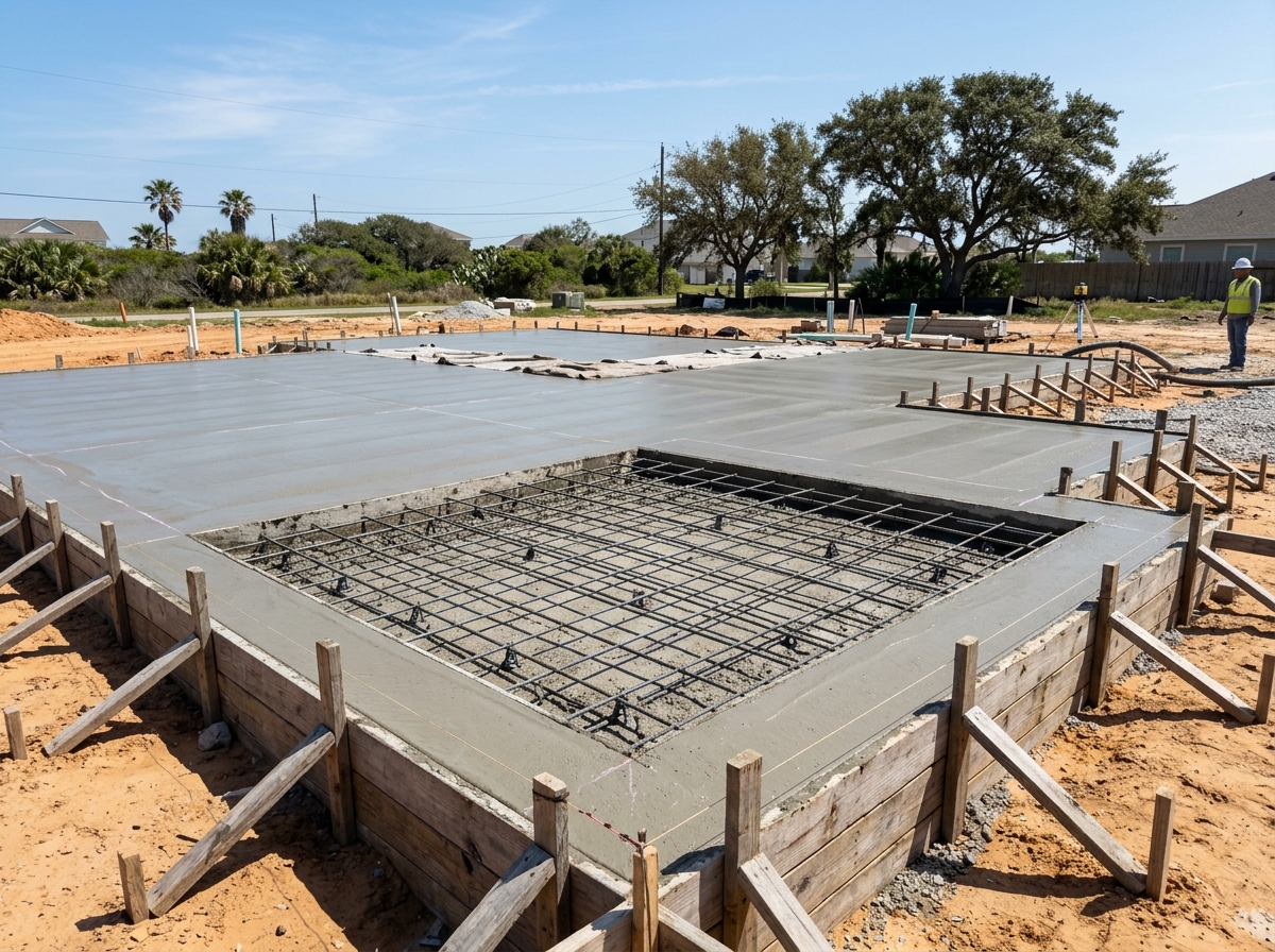 Engineered concrete foundation slab with steel rebar reinforcement