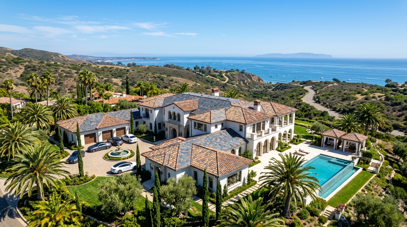 Aerial view of luxury Texas Coastal Bend home with new shingle and tile roof installed by Coastal Roofing and Construction