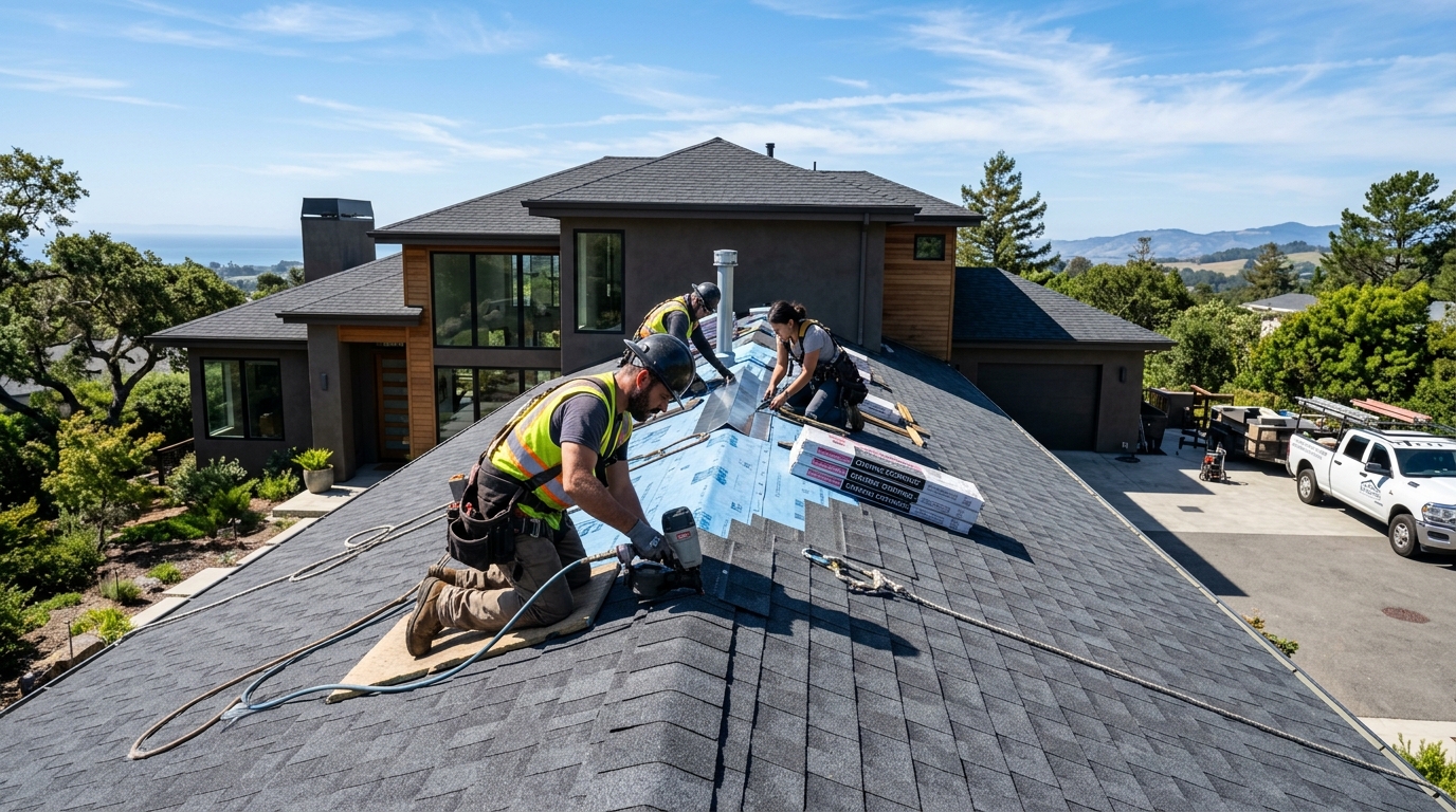 Certified technician conducting roof repair and flashing inspection